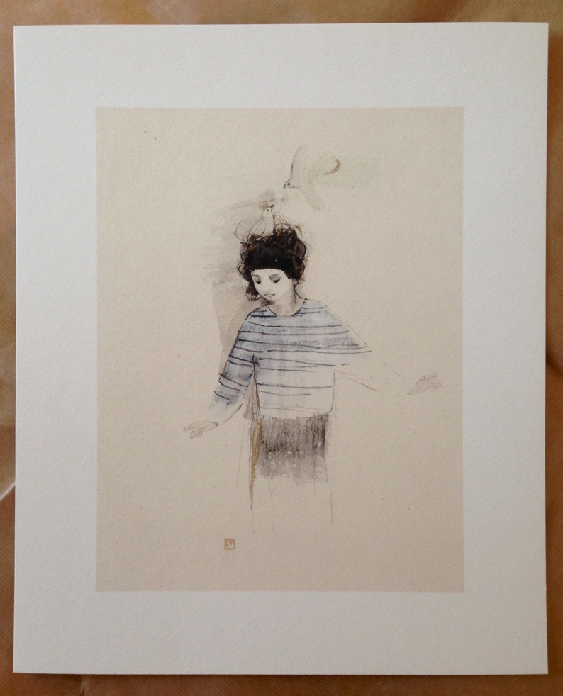 Lucy Campbell print Balance 3. Signed limited edition print. Contemporary ink drawing, girl, doves image 2