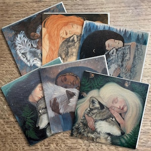 6 grote kaartvariaties, Lucy Campbell-kaarten, wolven. Wenskaarten, 6 verschillende wolvenontwerpen, 15 cm (6") vierkant