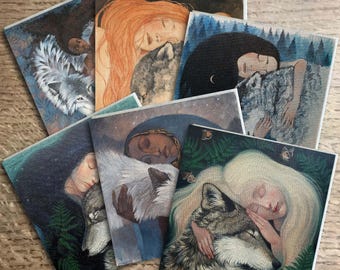 Lot varié de 6 grandes cartes, cartes Lucy Campbell, loups. Cartes de voeux, 6 motifs de loups différents, carré de 15 cm (6")