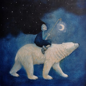 Lucy Campbell greetings card, "Northern Light", polar bear, moon lamp, winter Solstice