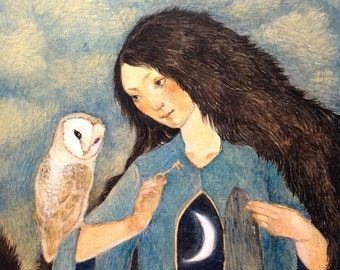 Lucy Campbell greetings card "Night Beckons".  Unique greeting card. Woman, owl, door, key, moon.