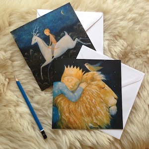 6 x cartes de voeux, cartes Lucy Campbell, 3 x lion, oiseau 3 x chasseur de rêves. Garçon avec un lion et un oiseau, garçon chevauchant un cerf blanc