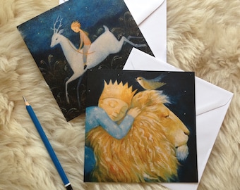 6 x greetings cards, Lucy Campbell cards, 3 x Lion, bird 3 x Hunter of Dreams. Boy with lion and bird, boy riding white deer