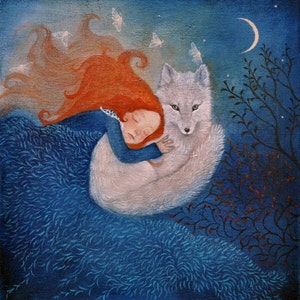 6 x Lucy Campbell greeting card, "guided by moonlight", arctic fox and girl, red hair