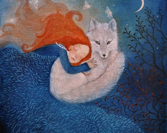 6 x Lucy Campbell greeting card, "guided by moonlight", arctic fox and girl, red hair