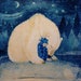 Lucy Campbell greeting card 'Boy in Blue 1' polar bear hugging boy in blue starry pyjamas, winter solstice, Christmas card 