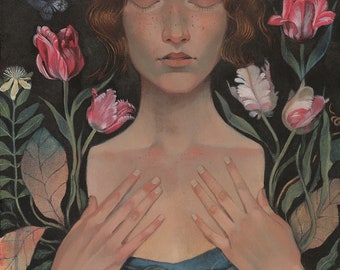 Lucy Campbell greetings card "Inner Growth". Woman, key, tulips, butterfly.
