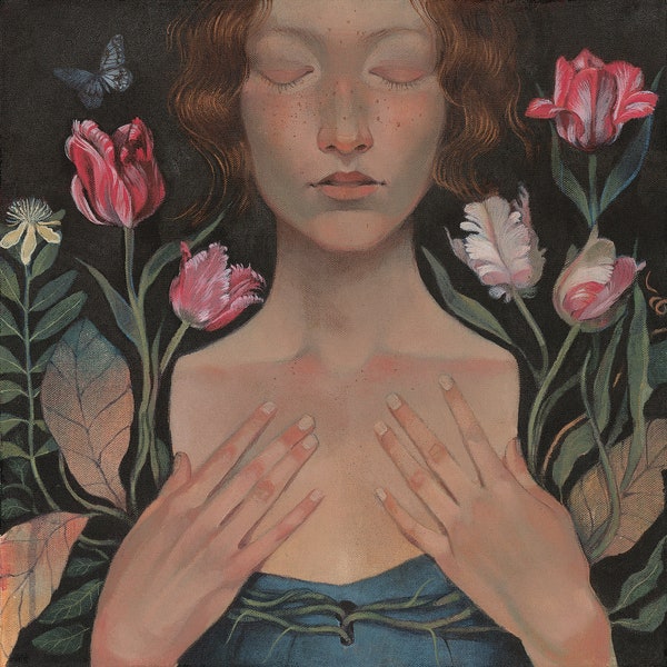 Lucy Campbell greetings card "Inner Growth". Woman, key, tulips, butterfly.