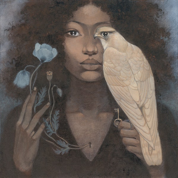 Limited edition print - "Growing Wild". Original painting by Lucy Campbell. Contemporary art, woman, falcon, blue poppies, key