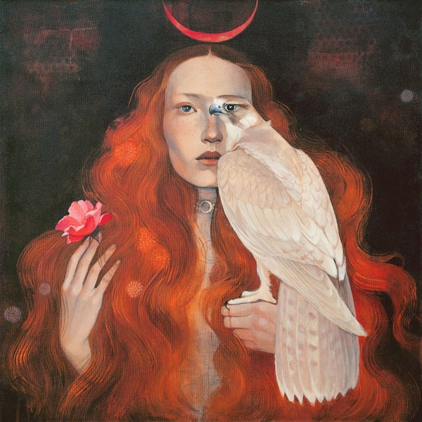 Limited edition print of original painting by Lucy Campbell - "Blood Moon". Red haired woman and hawk, golden falcon, rose