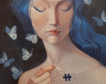 Limited edition print of "Missing Piece", original Lucy Campbell art. Jigsaw puzzle, woman, butterflies, healing