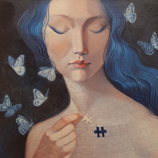 Impression en édition limitée de « Missing Piece », oeuvre d'art originale de Lucy Campbell. Puzzle, femme, papillons, guérison