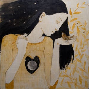 Cartes de voeux Lucy Campbell « Les plus petits oiseaux ». Carte de voeux originale. Fille aux cheveux noirs, coeur de lune, troglodyte.