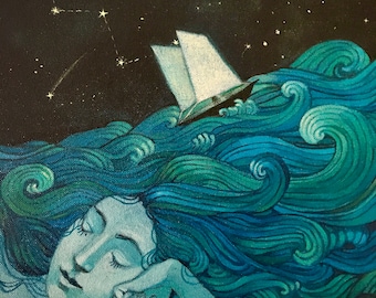 6 x Lucy Campbell Grußkarten, „Mein Geist ist ein Ozean“, Frau, Ozean, rollende Wellen, Sternbilder, Meer, Segelboot, magischer Surrealismus