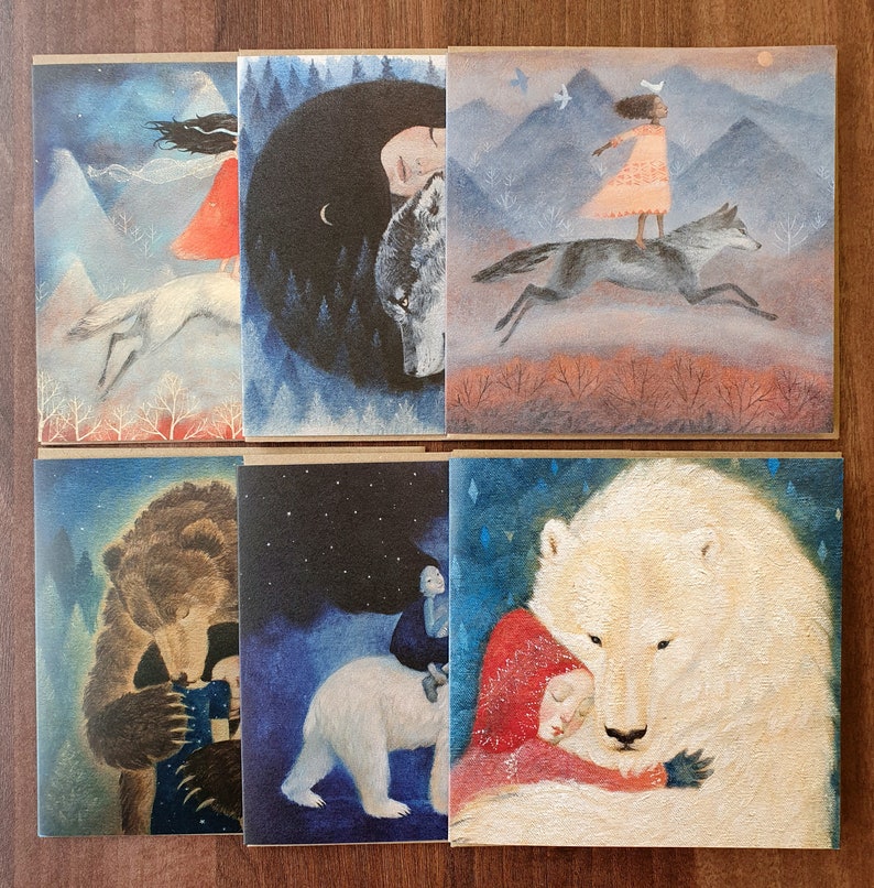 6 cards variety pack, Lucy Campbell cards, wolves and bears. Greetings cards, 6 different designs image 3