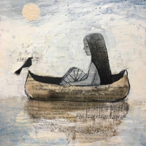Lucy Campbell greetings card, "Inner Still", girl, bird, water, boat