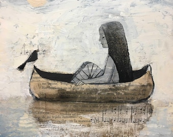 Carte de voeux Lucy Campbell, « Inner Still », fille, oiseau, eau, bateau