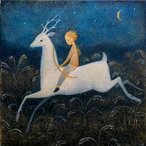 Tarjeta de felicitación de Lucy Campbell "Cazador de sueños". Tarjeta de felicitación única. Niño con arco y flecha, ciervo blanco saltando.