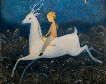 Lucy Campbell greetings card "Hunter of Dreams". Unique greeting card. Boy with bow and arrow, white stag leaping.