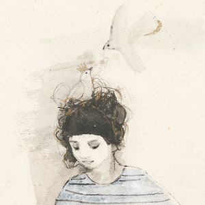 Lucy Campbell print Balance 3. Signed limited edition print. Contemporary ink drawing, girl, doves image 3