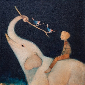 Carte de voeux Lucy Campbell, « Herbingers of Hope », éléphant, garçon, petits oiseaux, messagers