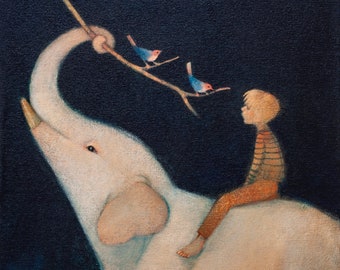 Lucy Campbell greeting card, "Harbingers of Hope", elephant, boy, little birds, messengers