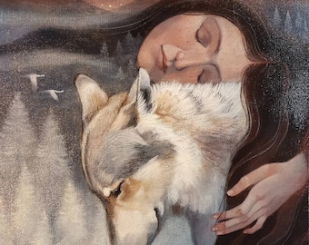 Lucy Campbell print "Wintering". Signed, limited edition giclée print. Woman embraces wolf, forest, mountains, moon, winter, swans.