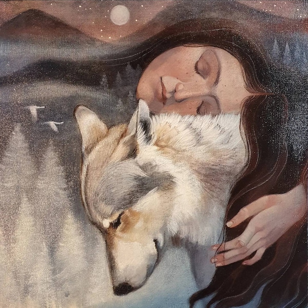 Lucy Campbell print "Wintering". Signed, limited edition giclée print. Woman embraces wolf, forest, mountains, moon, winter, swans.