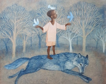 Lucy Campbell limited edition print "Rise" boy riding on running wolf, leap of faith, doves, trees