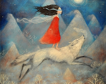 6 x Lucy Campbell greetings cards "Leap of Faith" design, wolf, girl in red