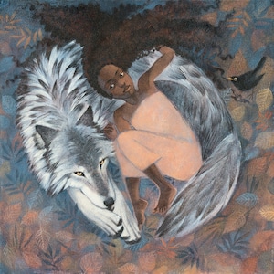 Lucy Campbell Grußkarte ""Strong Girl"" dunkelhäutiges Mädchen mit Wolf, Amsel, big Hair."