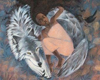 Lucy Campbell greeting card "Strong Girl" dark-skinned girl with wolf, blackbird, big hair