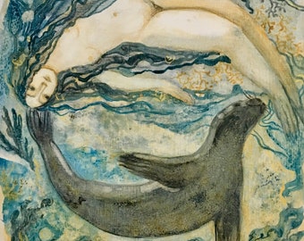 Lucy Campbell greetings card "Selkies". Sealwoman, seal, selkie, underwater world, Celtic myth
