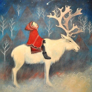 6 x Noël, cartes du solstice d'hiver. Motif renne « Sami » de Lucy Campbell, fille sur un renne
