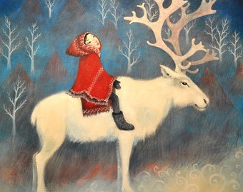 6 x Christmas, Winter Solstice Cards. Lucy Campbell "Sami" reindeer design, girl on reindeer