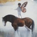 Spread Your Wings - Limited edition giclée print of original painting by Lucy Campbell. Clydesdale horse, little girl, butterfly wings. 
