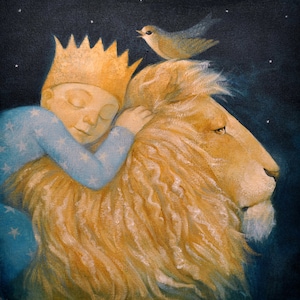 Cartão de Lucy Campbell, cartão de felicitações, Natal, solstício de inverno, menino dormindo, leão, pássaro.