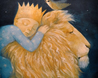 Lucy Campbell card, greeting card, Christmas, winter solstice, sleeping boy, lion, bird.