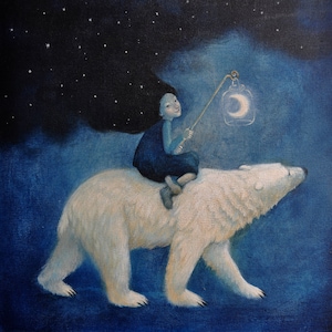 6 cartes de voeux Lucy Campbell. Solstice d'hiver, Noël. Ours polaire, lampe lune, design « Northern Light »