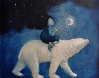 6 x Lucy Campbell Greetings Cards. Winter Solstice, Christmas. Polar bear, moon lamp, "Northern Light" design