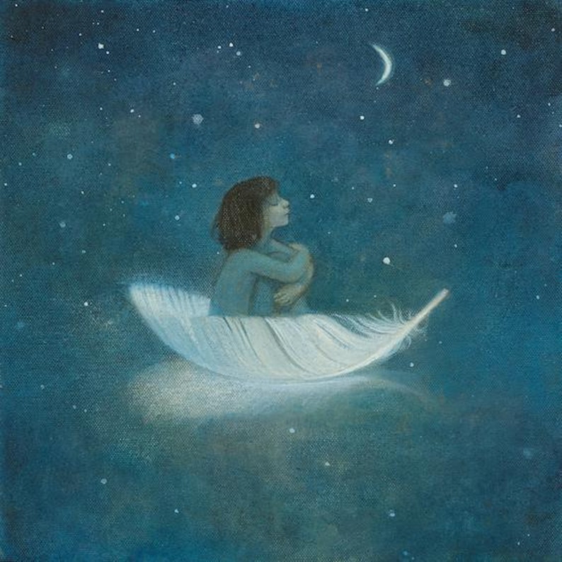 Limited edition print "Lessons in Levity #1". Child in floating feather boat. Moon, reflections, stars image 1