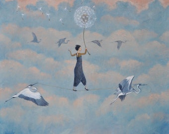 Lucy Campbell greetings card "Lightness of Being". Inspirational image. Tightrope walker. Herons. Dandelion clock. Balance.