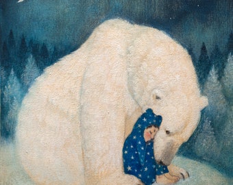 6 x Lucy Campbell Cards "Boy in Blue 2" design, Winter Solstice greetings cards, pack of six. Polar bear hugging boy in blue pyjamas.