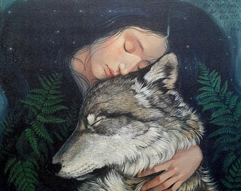 Lucy Campbell print "Wild Twin", met een deel van het gedicht "Heed the Call" (The Wild Twin) van Ange Woolfall