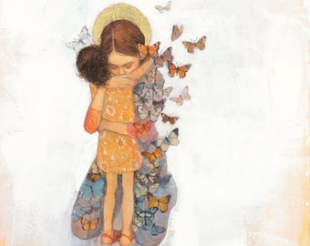 Lucy Campbell greetings card "Golden Embrace". Woman hugging child, butterflies, saying farewell