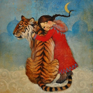 6 x cartes de voeux Lucy Campbell, « Tiger for Tatiana », tigre et fille en robe rouge, Noël, anniversaire, solstice d'hiver