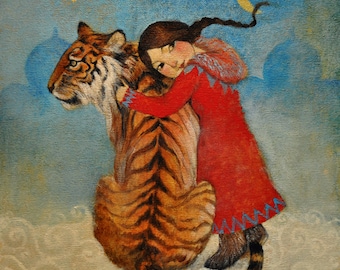 6 x Lucy Campbell greetings cards, "Tiger for Tatiana", tiger and girl in red dress, Christmas, birthday, Winter Solstice