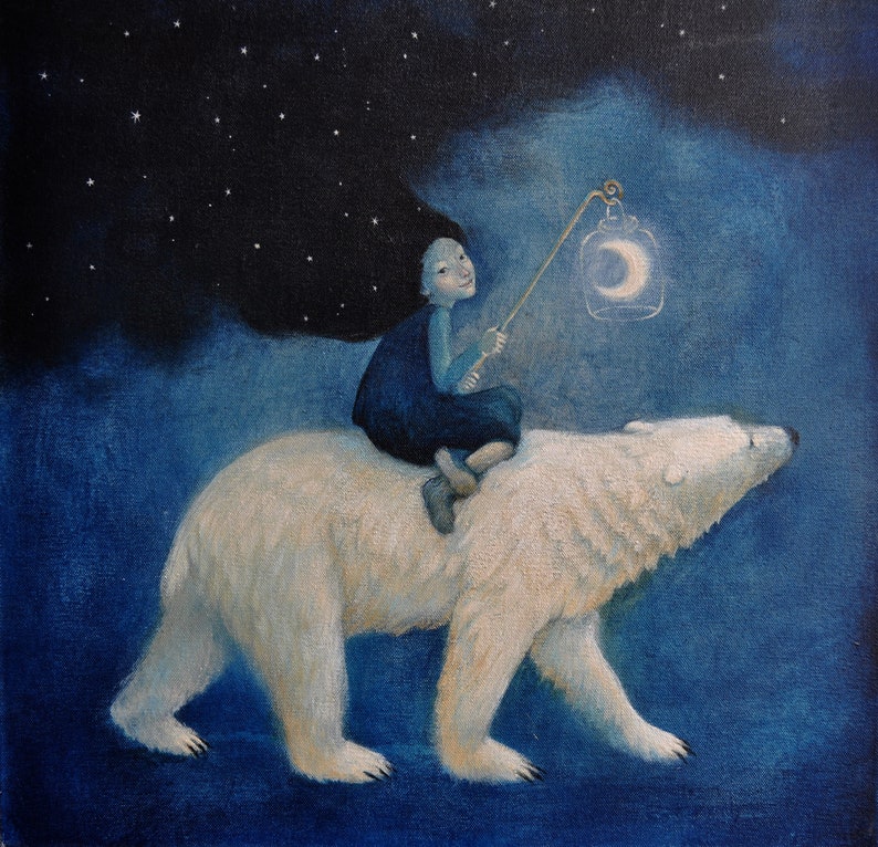 Lucy Campbell print 'Northern Light'. Signed, limited edition print. Girl with moon lamp, polar bear. Winter colours. Northern Light. image 1