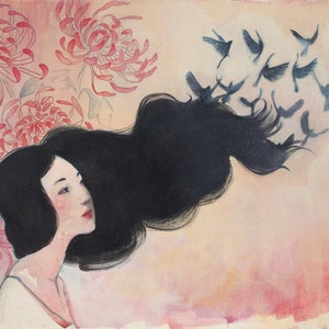 Cartão de felicitações de Lucy Campbell 'Os lugares que você irá'. Pintura em estilo japonês com pássaros e crisântemos
