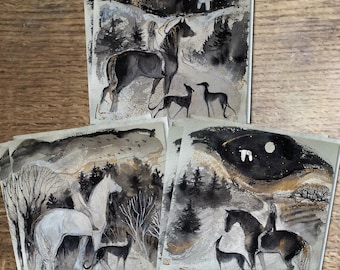 Pakket met 6 kaarten, Lucy Campbell-wenskaarten, 3 verschillende ontwerpen: paarden, honden, bos, ganzen